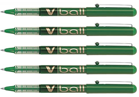 PILOT V Ball VB7 Tintenroller, Flüssigtinte, Metallspitze, Medium, Grün, 5 Stück