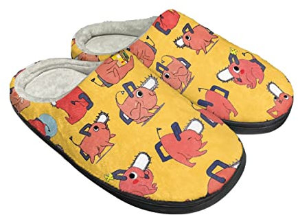 Roffatide Anime Chainsaw Man Fuzzy Slippers Denji Pochita Closed Toe Open Back Slippers with Rubber Sole House Slippers Non-Slip Indoor Plush Shoes for Men 6-6.5/ Women 8-8.5