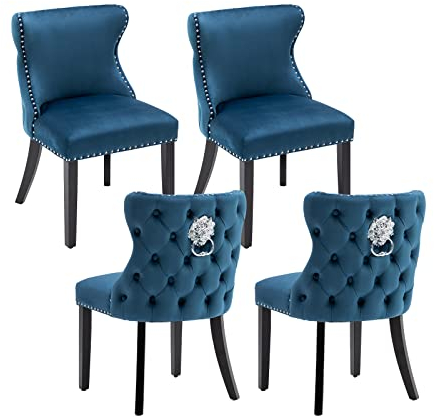 chairus Samt Esszimmerstühle 4er Set Küchenstühle Gepolstert für Wohnzimmer Armlos Polsterstuhl mit Holzbeinen (Blau-4)