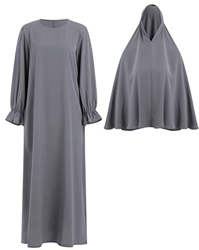 Damen Muslimisches Gebetskleid mit Hijab Schal Türkei Kaftan Abaya Kleid Zweiteiliges Kleid in voller Länge Dunkelgrau XL/XXL, GRAU