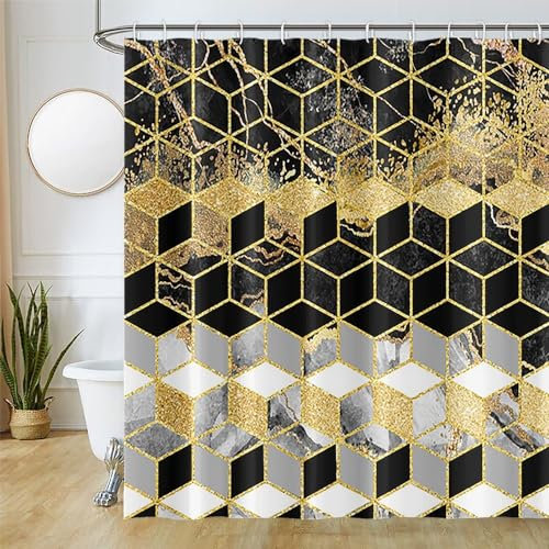 Uiiooazy Duschvorhang Schwarz Gold, Duschvorhang Marmor Grau Klein Geometrisches Muster Duschvorhäng Anti Schimmel Wasserdicht Polyester Stoff Waschbar Blickdicht Bad Vorhang mit 12 Haken 180Bx220Hcm