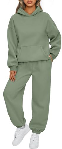 AUTOMET 2-teiliges Damen-Outfits, Lounge-Kapuzenpullover, Sweatsuit-Set, übergroßes Sweatshirt, Baggy Herbst, modische Sweathose mit Taschen, Grün, Small