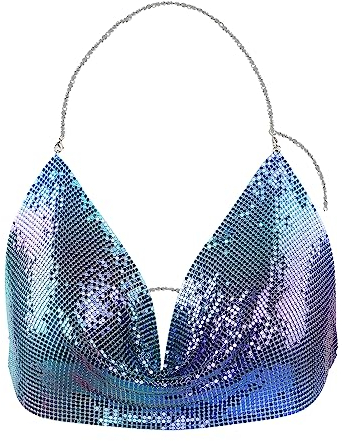 Pailletten-Top mit Neckholder, Paillett Neckholder Weste, Damen Halter Crop-Tops Tief V-Ausschnitt, Glitzer-BH für Salsa, Bauchtanz, Boho, Festival, Club, Tribal-Top, Kostüm