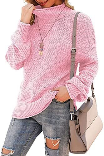 DEARCASE Maglione a Collo Alto e Maniche a Pipistrello Maglione Oversize a Maglia Grossa Maglioni Invernali, Large Pink