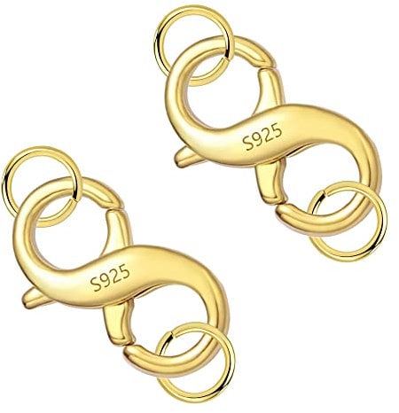 ALEXCRAFT Gold Double Lobster Claw Clasps Rings Set, 2Pcs Sterling Silver 925 Necklace Clasp Bracelet Clasp Jewelry Clasp Gold Double Large Lobster Claw Open Rings Gold Jewelry Clasps Necklace Making
