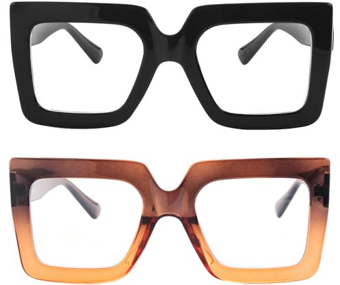 Onrtry Oversized Square Blue Light Glasses for Women Men Thick Frame Big Computer Eyewear Non-Prescription Eyeglasses, P4 Black+ Brown/Orange Frame, M