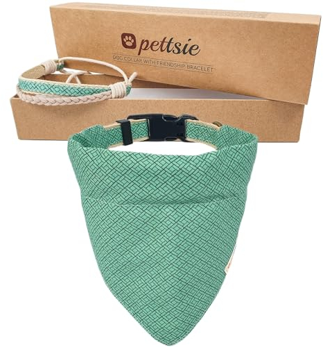 Pettsie Hundehalstuch mit Halsband und Freundschaftsarmband, Verstellbare Größen S, M, und L, Abnehmbares Bandana Tuch, Attraktive Verpackung, Hundeliebhaber, S, Grün