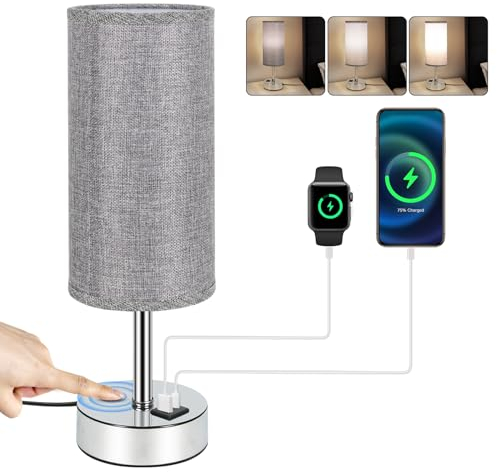 Undres nachttischlampe, Nachttischlampe touch dimmbar, Tischlampe schlafzimmer, Mit USB-C+A Ladeanschluss ausgestattet und einer Glühbirne ausgestattet,Leinenschirm. (Zylindrischer Lampenschirm, Grau)