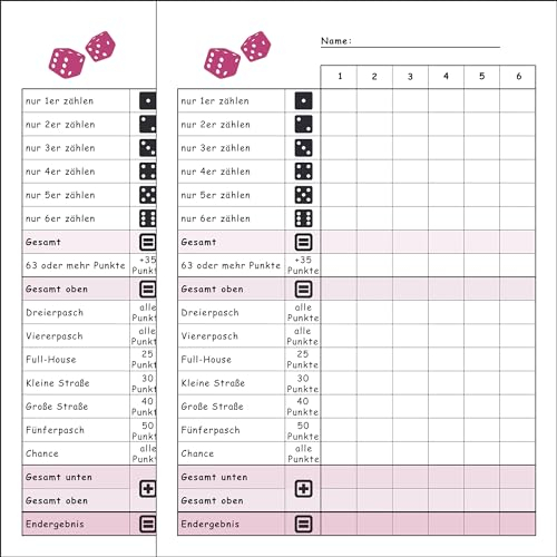 DiceCupFlex Würfelspiel Block Din A6 mit 50 Seiten Würfelblock, Spielblock, Ersatzblock Design (2 Stück Pink)