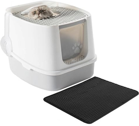 CALIYO Katzenklo mit Deckel – Anti-Geruch Katzenklo Geschlossen mit Hoher Rand, Katzentoilette mit Sieb & Matte für Große Katzen bis 7.5kg, Cat Litter Box (51×45×40 cm, Weiß)