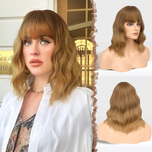 FESHFEN Wellig Bob Perücke mit Pony - 35cm Braun Ombre Blond Wellen Schulterlänge Perücken für Damen Frauen Synthetik Kunsthaar Haarperücke für Alltag Karneval Fasching