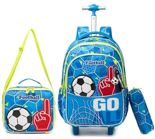 Egchescebo Kinder Rucksack mit Fußball Rollen Kinderkoffer Jungen für Koffer Schultrolley Kindertrolley Trolley Groß Schultasche Handgepäck Kindergepäck 17 3pcs Sätze Geeignet Grundschüler Himmelblau