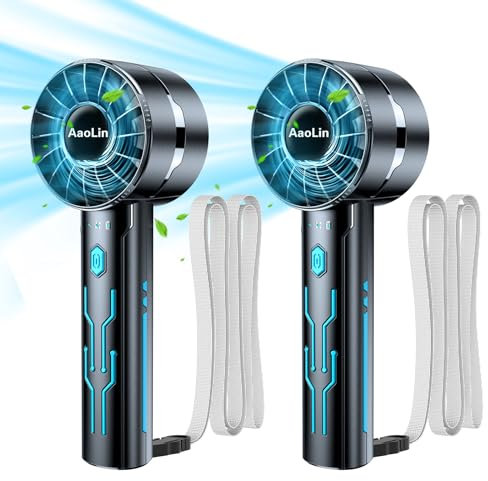 AaoLin 2pcs Portable Handheld Turbo Fan with 7000rpm High-Speed Motor USB Rechargeable Cooling Personal Fan 4-Speed, 4-16H Runtime, with Lanyard for Outdoor Travel, Women, Kids, Summer Gift