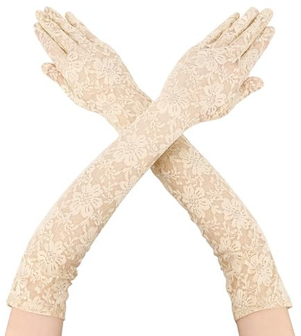 Guantes Largos De Encaje Para Mujer, Sin Dedos, De Novia, Beige - Women Fingless Lace Gloves
