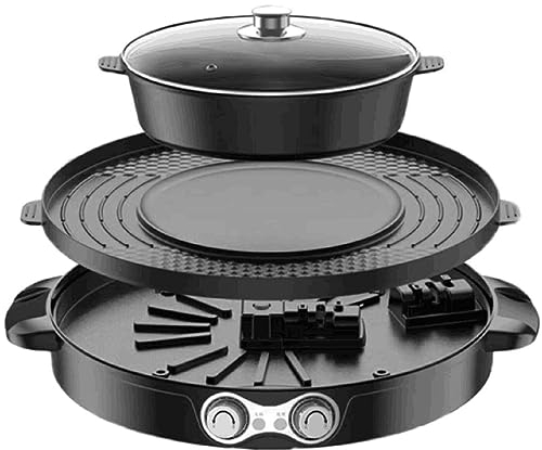 Donened - 2 in 1 Multifunktionaler Elektrischer Hot Pot mit Grill, 2200W Elektrische Partypfanne mit Glasdeckel, Antihaftbeschichtet, Geteilter Shabu-Grilltopf, Schwarz