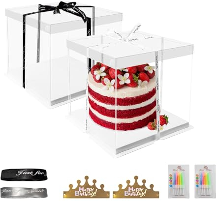 Gxlaihly 2 Stück Transparente Geschenkbox, Transparente Tortenschachtel, Cake Box mit Sockel und Band, Torte Geschenkbox Durchsichtig Wiederverwendbar, für Geburtstag Dessert 6 Inch(22 * 22 cm)