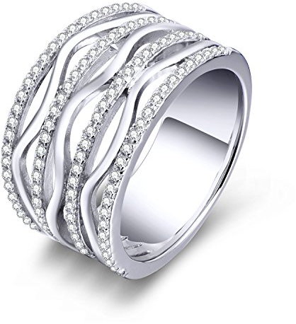 Sternvoll® Damenring aus 925 Sterling Silber Rhodium platziert mit Zirkonia Breiter Bling Ring (Silber, 60)