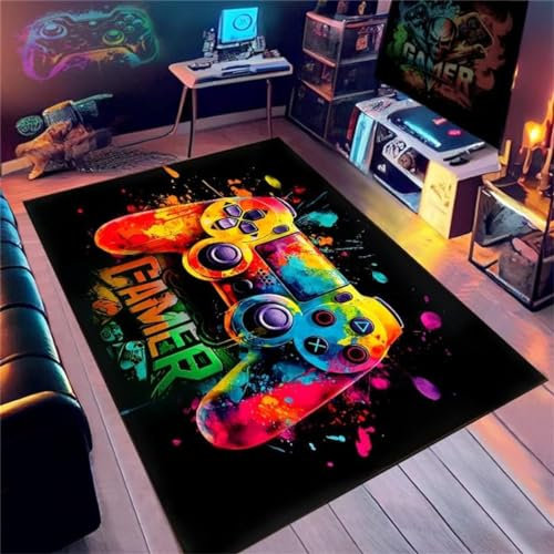 Xisnuient Gaming Teppiche Dazzle Neon Graffiti Video Spiel Controller 3D Jungen Jugendzimmer Teppich Gamer Cooler Spielteppich Kinder Teenager Home Decor Teppiche (Grün,120x160cm)