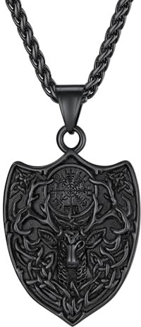 Supcare Viking Hirsch Kette für Herren Wikinger Tier Anhänger Hirsch Amulett Kettenanhänger Hirschschild Halskette Herren Schwarz Nordische Halskette Glücksbringer Wikinger Schmuck für Vater