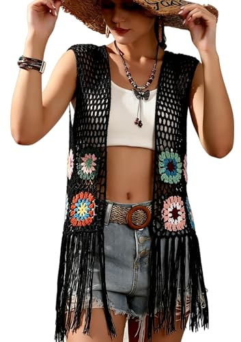Damen Floral Crochet Hollow Out Ärmellos Fransen Boho Retro-Look Handgefertigte Strickjacke Weste Quasten