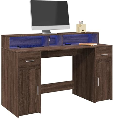 vidaXL Desk with LED Lights, Office Desk for Home Living Room, Computer Table with Storage, Writing Table, Modern Style, Brown Oak Engineered Wood
