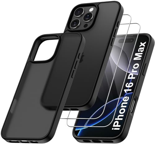 Qasyfanc Matt Handyhülle Kompatibel mit iPhone 16 Pro Max, Hülle mit Kameraschutz und 2 Stück Schutzfolie, Hard PC Nie Vergilbung Case Militärschutz Kratzfest rutschfest Schutzhülle, Titan Schwarz