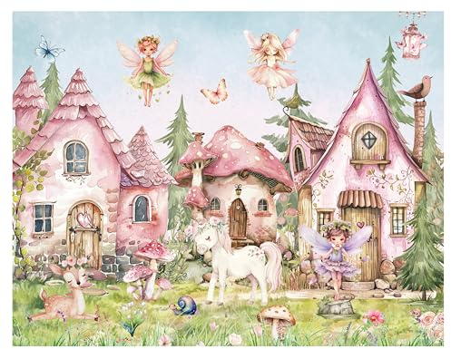 Fototapete Kinderzimmer, Wald, Waldtiere Bäume, Fee, Fantasy Tapeten für Kinder Babyzimmer Vlies Tapeten wandtapete Mädchen. Tapete Mädchen Feen Ponys