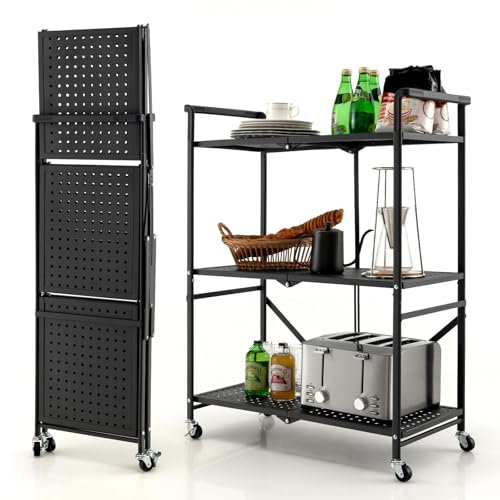 HOMASIS Servierwagen klappbar, Küchenwagen mit 3 Ebenen, Rollwagen mit 4 Rollen inkl. 2 Bremsen, Aufbewahrungswagen platzsparend, Metallregal Küchenregal Beistellwagen für Küche Büro, Schwarz