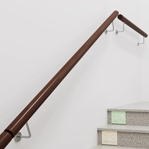 Corrimano per scale in legno massello per anziani e bambini, 4,2 m, colore noce, supporto resistente