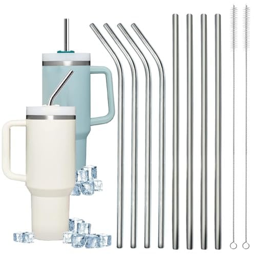 LXBCTOP 8 PCS Metal Straws for Stanley Cup, Reusable Straws Drinking, 4 Bent 4 Straight Stainless Steel Straws with 2 Cleaning Brush, Silver Drinking Straws for Smoothie Milkshake Cocktail HotDrinks
