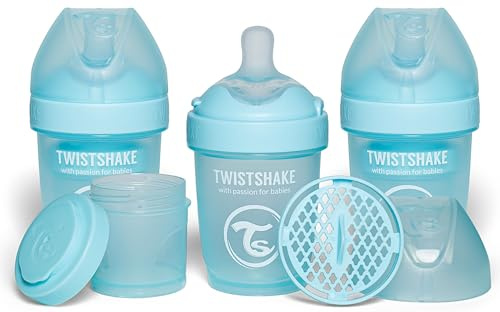 Twistshake 3x Pro Double Anti-Kolik Babyflasche mit Milchpulverbehälter und Mixer - 180 ml | Langsam Fließende, Brustähnliche Brustwarze aus Silikon | BPA-freie | Geeignet für Neugeborene (0+) | Blau