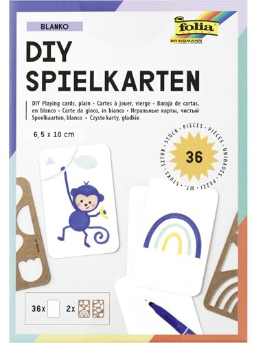 folia 2327 - DIY Spielkarten BLANKO, 36 Stück ca. 6,5 x 10 cm, Spielkarten-Set mit leeren Karten in Weiß, 2 Schablonen aus Kraftpappe und einer Vorlage, Kartenspiel zum selber gestalten