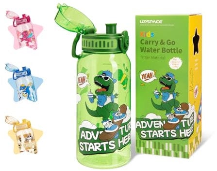 UZSPACE Trinkflasche Kinder auslaufsicher Wasserflasche, 600ml 20oz Sport Flasche Dinosaurier, Tritan BPA-frei Sportflasche mit Einhandbedienung, Jungen Mädchen für Schule Outdoor kindergarten, grün
