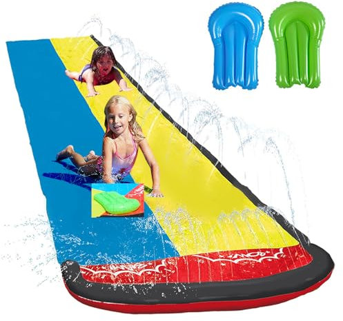 KBIBCK Scivolo d'acqua da 480 cm, acquascivolo per bambini, con 2 corsie e 2 tavole per il corpo, scivolo e scivolo d'acqua, tappetino per acquascivolo, doppio scivolo d'acqua con irrigatore per