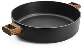 Woll Eco Logic QXR Kasserolle, rund mit 2 Holz-Seitengriffen - Induktiv -, Ø 32 cm, 8 cm hoch - Geeignet für alle Herdarten, PFAS-frei, Antihaft-Versiegelung, Aluminiumguss, backofenfest, schwarz
