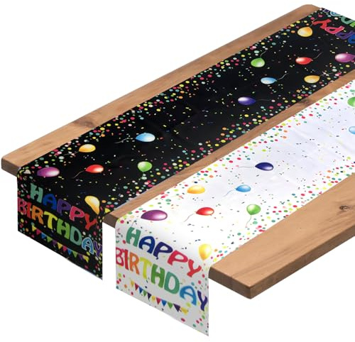 2 Stück Happy Birthday Tischdeko Geburtstag, Bunten Luftballons und Bannermuster, Geburtstagsdekoration 35 x 180 cm, Tischdecke Schwarz, Weiß