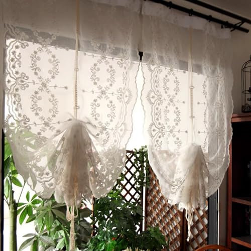 Small Window Lace Voile Curtains, White Sheer Embroidered Roller Blinds, Kitchen Café Half Window Panels, Set of 2 Decorative Door and Glass Curtains