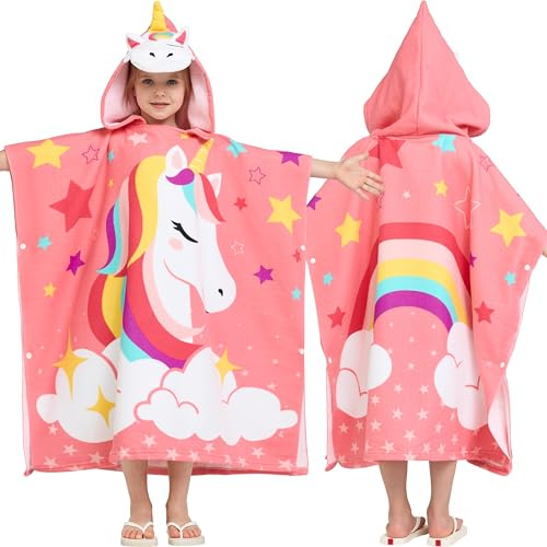 Joiedomi 24* 24 Badeponcho Badetuch für Kinder,Rosa Einhorn-Mikrofaser-Kapuzenhandtuch-Poncho für Strand, Pool, Bad, schnelltrocknend