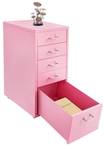 Brride Armoire de classement mobile avec 5 tiroirs - En métal - Pour la maison, le bureau, l'école - 28 x 41 x 69 cm - Rose
