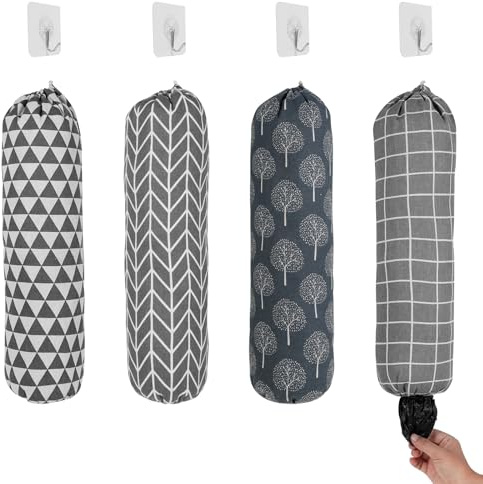 4 Pcs Wall Mount Plastic Grocery Bag Organizer, 57x21CM Plastic Bag Holder Organizer with Elastic Bottom Closure and Hanging Hook, Reusable Washable Grocery Bags Storage Dispenser for Home Kitchen