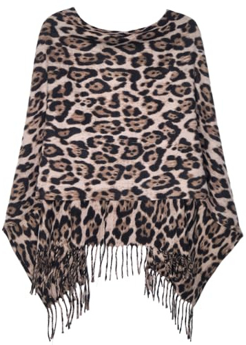 dy_mode Damen Feinstrick Poncho mit Fransen im Leo-Print Cape/Überwurf Strickponcho (WJ130-LeoTaupe)