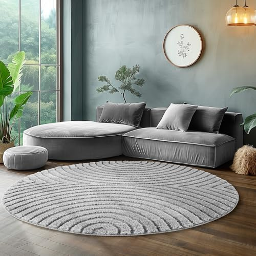 SIMPEX Wohnzimmer Teppich Rund 200 cm Grau Hochflor Skandi Boho Design Hoch-Tief Effekt Weicher Shaggy Langflor Flauschig Robust Pflegeleicht Modern für Schlafzimmer