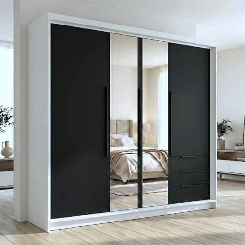 A&J MöbelLand VIVO Kleiderschrank 4-türig mit Spiegel und Schubladen – 200 x 215 cm – Drehtürenschrank mit Kleiderstange und Einlegeböden