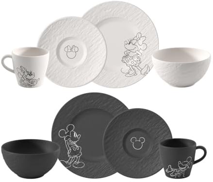 Villeroy & Boch Manufacture Rock – Mickey Mouse – Frühstücks-Set, 8-teilig, schwarz/weiß, spülmaschinenfest & mikrowellensicher, Schieferoptik mit Mickey Mouse Kreidedekor, Premium Porzellan