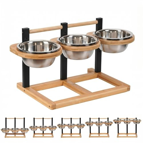 Raised Dog Bowls with Stand, 5 Levels Adjustable Height Wooden Dog Bowl Stand & 3 Stainless Steel Dog Food Bowls Raised Triple Dog Feeding Station for Small Medium Large Dogs and Pets