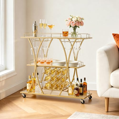 VEVOR Carro de Bebidas con Botellero de 3 Niveles, Carrito de Servicio con Ruedas, Estantes de Vidrio Espejado, Soporte para Copas, para Sala de Estar, Comedor, Cocina, 100 x 35 x 94 cm, Dorado