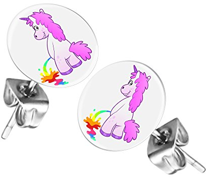 Mianova Ohrringe Stecker Rund Klein Ohrstecker Runde Platte Silber mit Motiv pinkes Einhorn Rainbow Unicorn