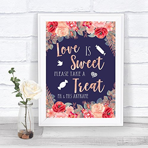Navy Blue Blush Rose Gold Love is Sweet Take A Treat Candy Buffet Wedding Sign Print