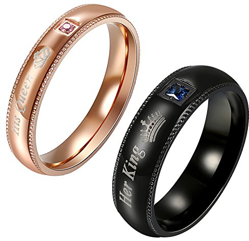 Flongo 2 Stück Partnerring Band Paare Ring His Queen, Her King Krone Gravur Zirkonia Schwarz Rose Gold Valentine Valentinstag Lieben Paar Hochzeit Engagement Verlobungsringe Herren, Damen