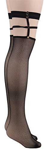 lau-fashion Damen Netz Strapse Strümpfe Halterlose Overknees mit Nieten Nylon Schwarz S/M